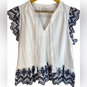Cupio White & Navy Eyelet Ruffle V-Neck Top | Women’s XL | Tassel